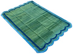 Handmade Cotton Area Flat Weave Rug, 6x9 Green And Blue Scallop Striped Dhurrie
