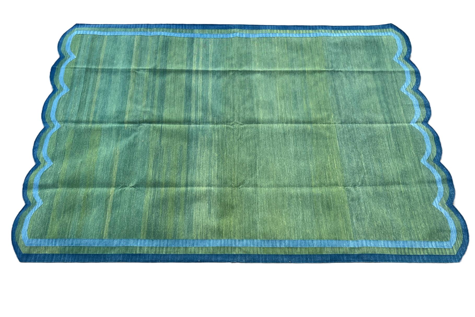 Mid-Century Modern Handmade Cotton Area Flat Weave Rug, 6x9 Green And Blue Scallop Striped Dhurrie For Sale