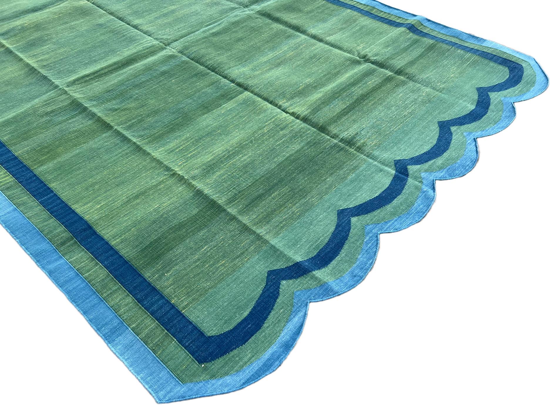 Indiano Tappeto a tessitura piatta in cotone fatto a mano, 6x9 Greene & Greene blu a strisce smerlate in vendita