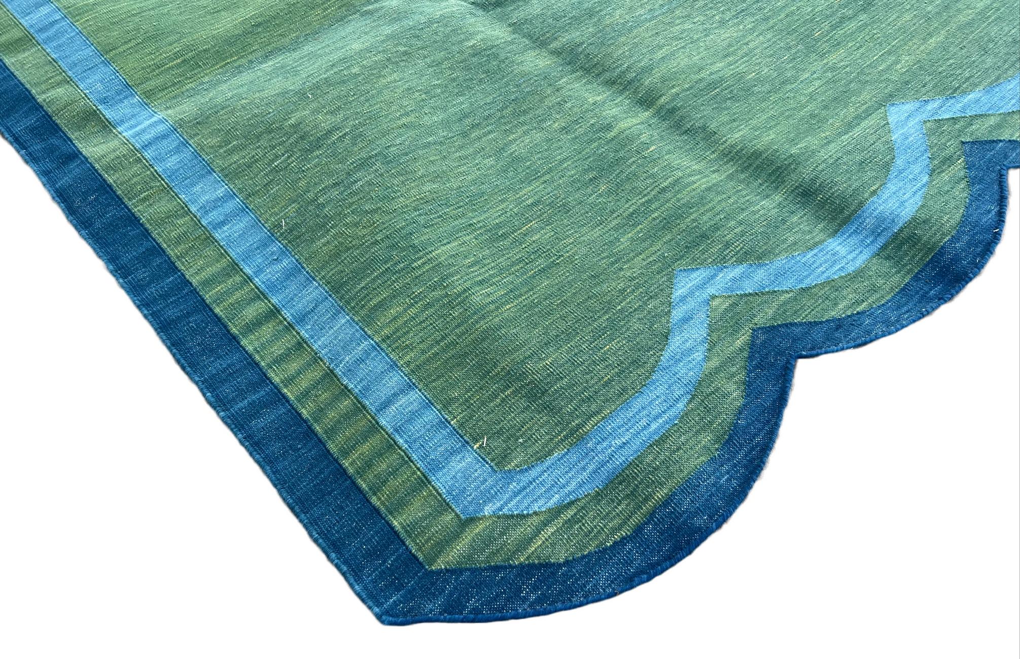 Indian Handmade Cotton Area Flat Weave Rug, 6x9 Green And Blue Scallop Striped Dhurrie For Sale