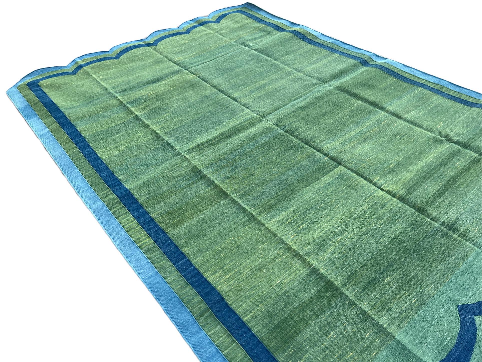 Tessuto a mano Tappeto a tessitura piatta in cotone fatto a mano, 6x9 Greene & Greene blu a strisce smerlate in vendita