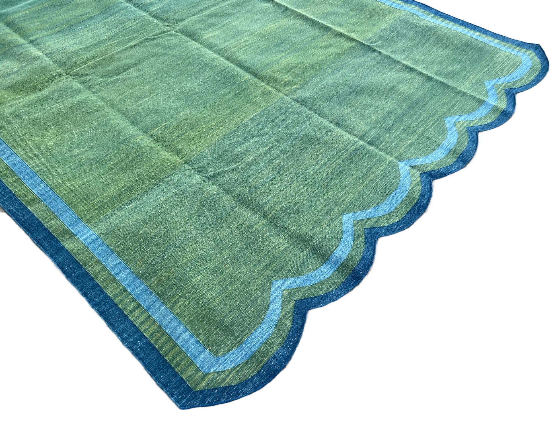 Hand-Woven Handmade Cotton Area Flat Weave Rug, 6x9 Green And Blue Scallop Striped Dhurrie For Sale