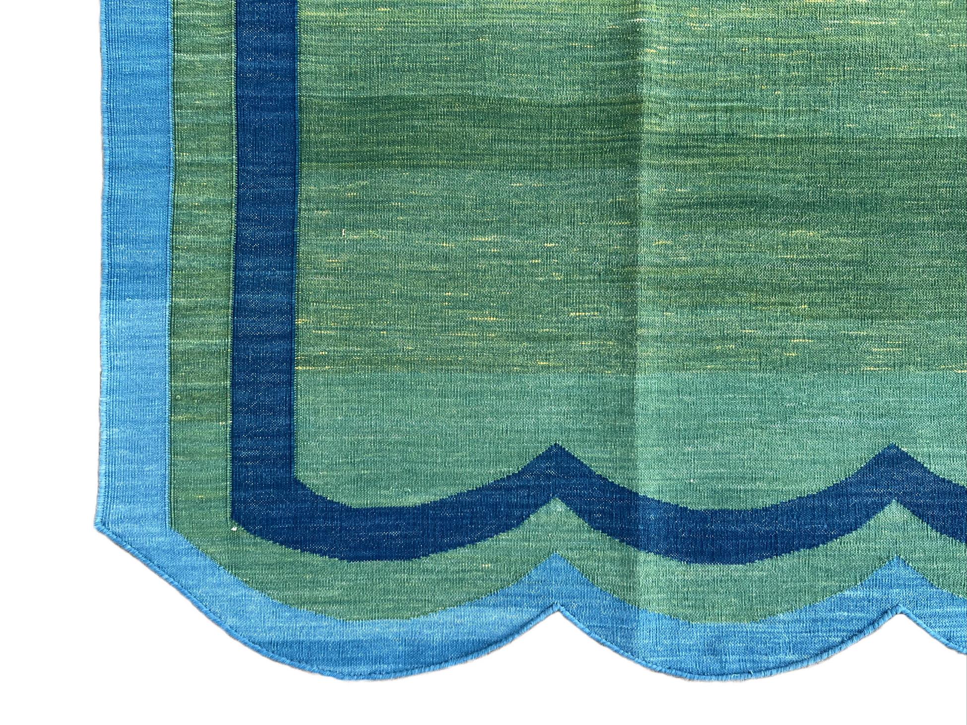 Cotone Tappeto a tessitura piatta in cotone fatto a mano, 6x9 Greene & Greene blu a strisce smerlate in vendita