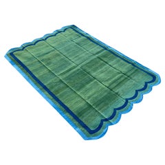 Tapis en coton tissé à plat, 6x9, vert et bleu à rayures festonnées Dhurrie