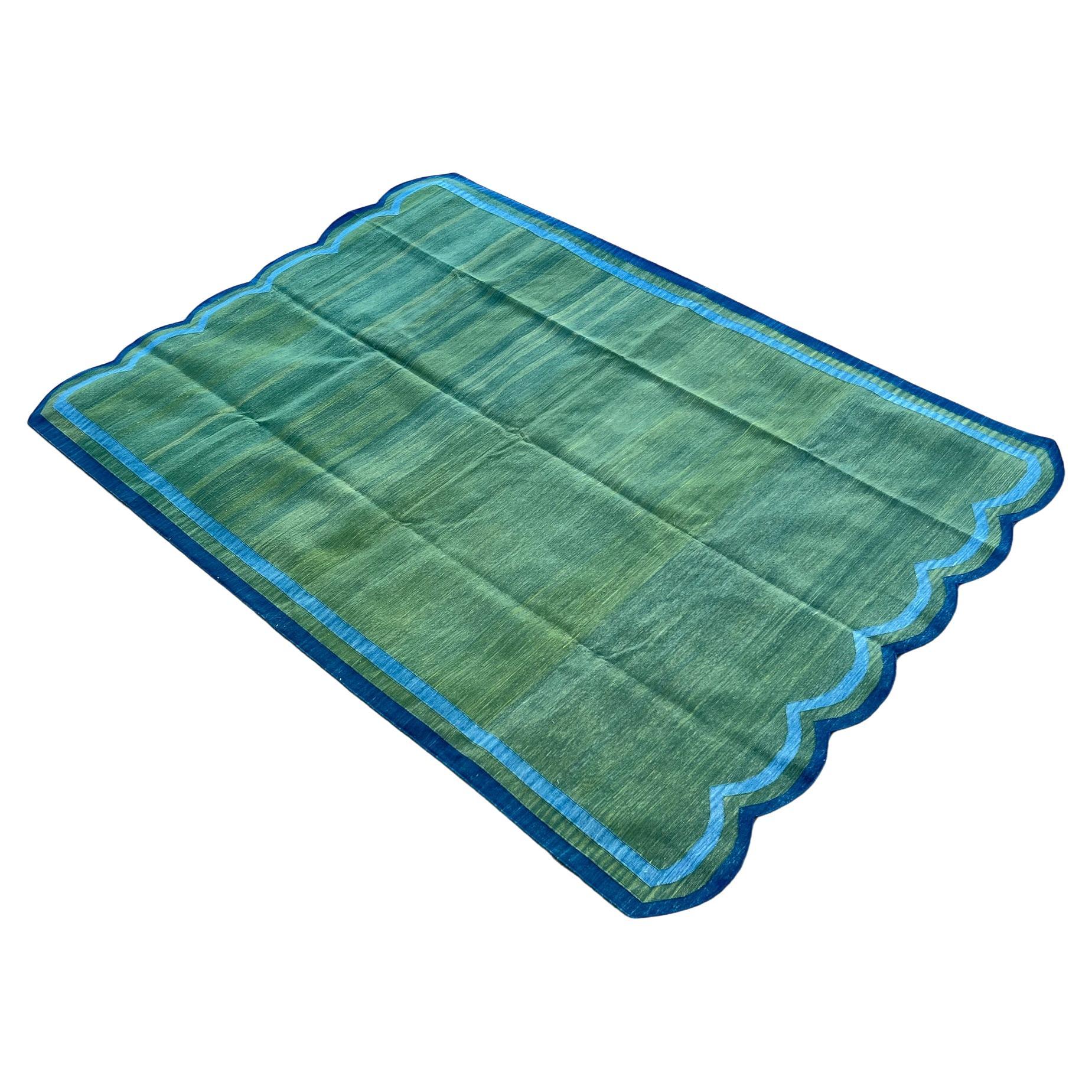 Handmade Cotton Area Flat Weave Rug, 6x9 Green And Blue Scallop Striped Dhurrie For Sale