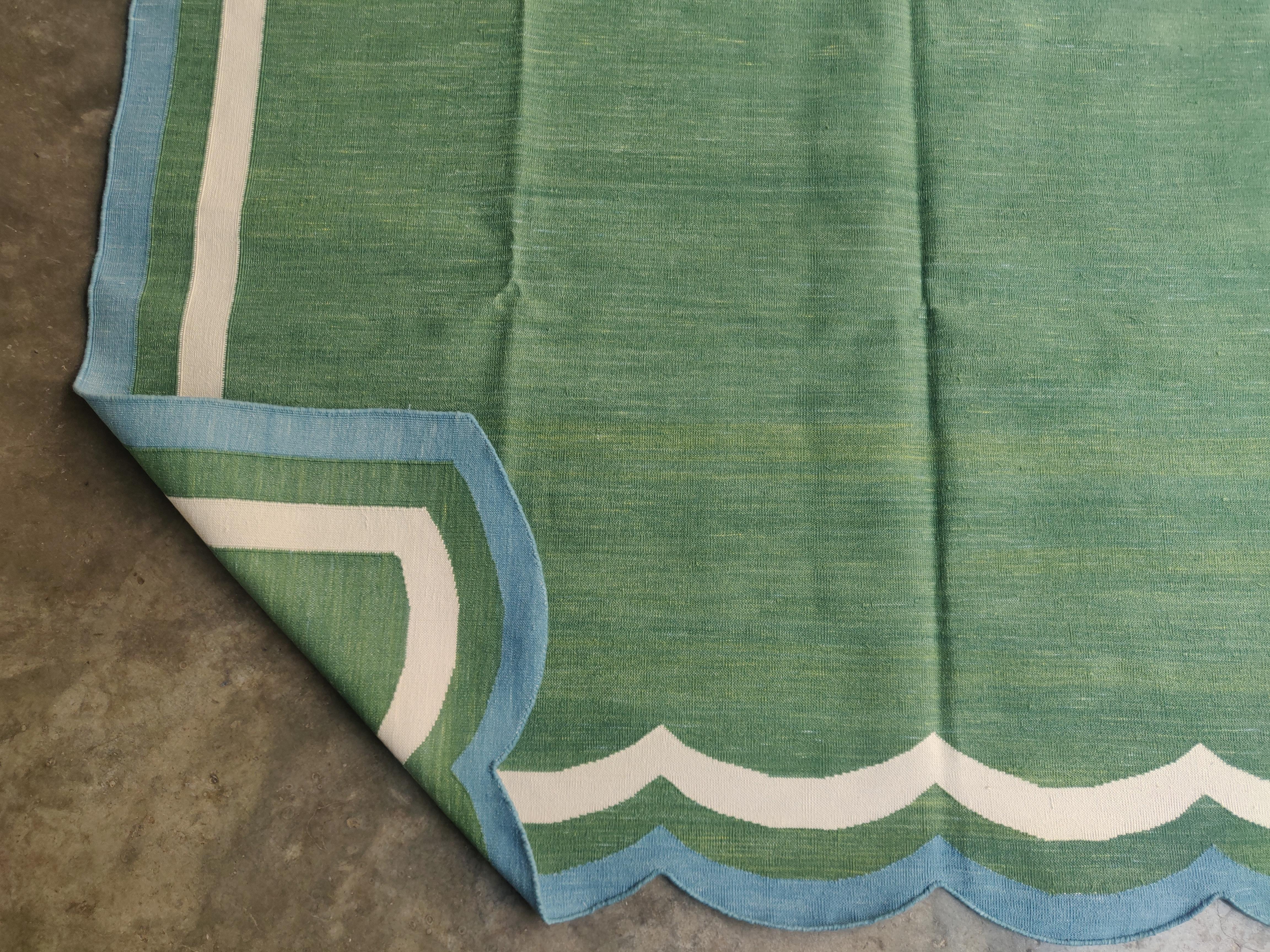 Handmade Cotton Area Flat Weave Rug, 6x9 Green And Blue Scalloped Indian Dhurrie For Sale 6