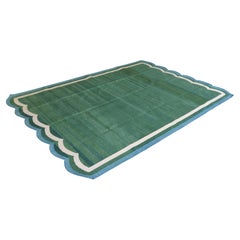 Handmade Cotton Area Flat Weave Rug, 6x9 Green And Blue Scalloped Indian Dhurrie
