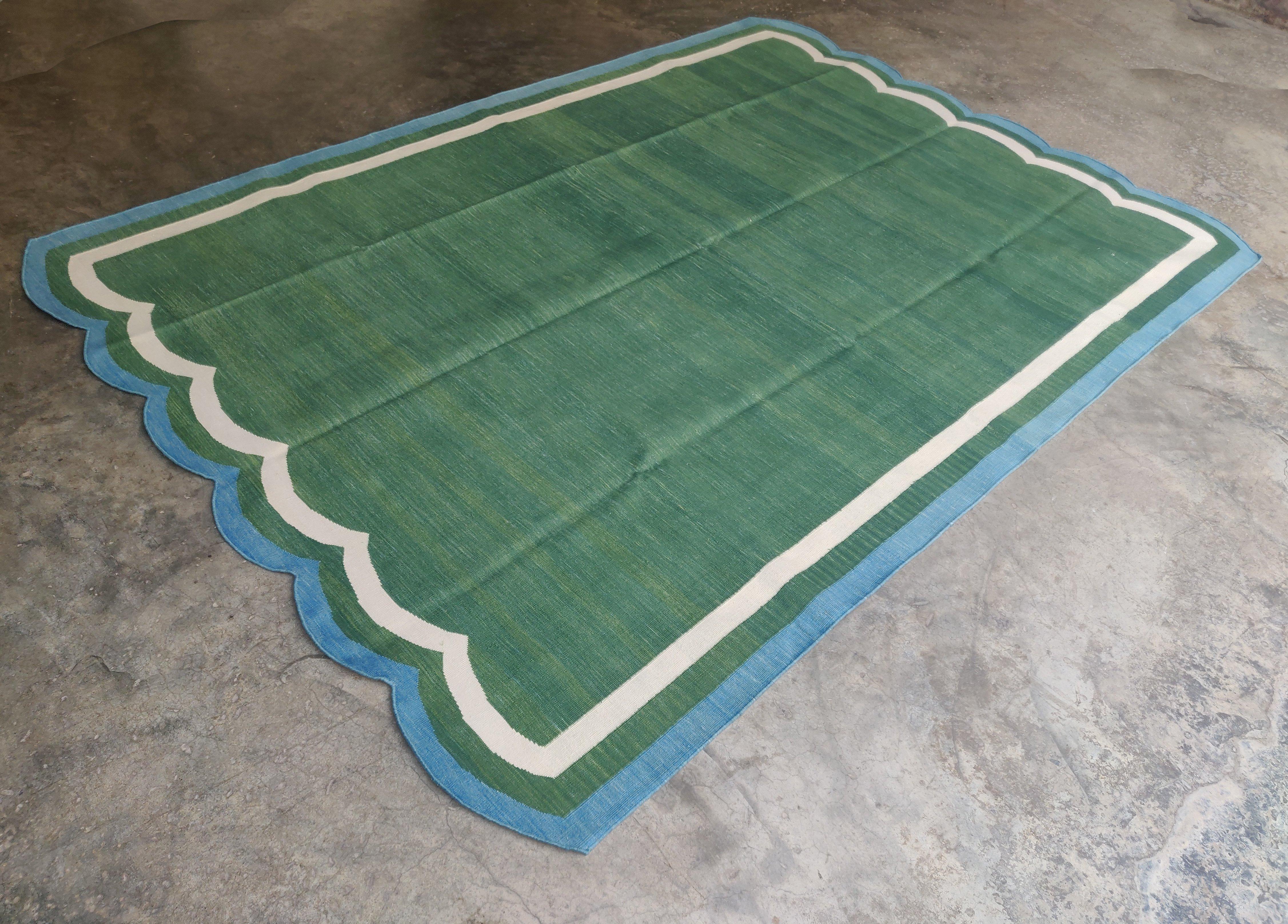 Handmade Cotton Area Flat Weave Rug, 6x9 Green And Blue Scalloped Indian Dhurrie For Sale 1
