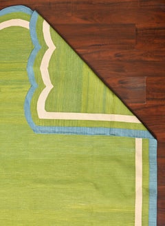 Handmade Cotton Area Flat Weave Rug, 6x9 Green And Blue Scalloped Kilim Dhurrie