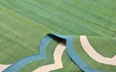 Handmade Cotton Area Flat Weave Rug, 6x9 Green And Blue Scalloped Kilim Dhurrie