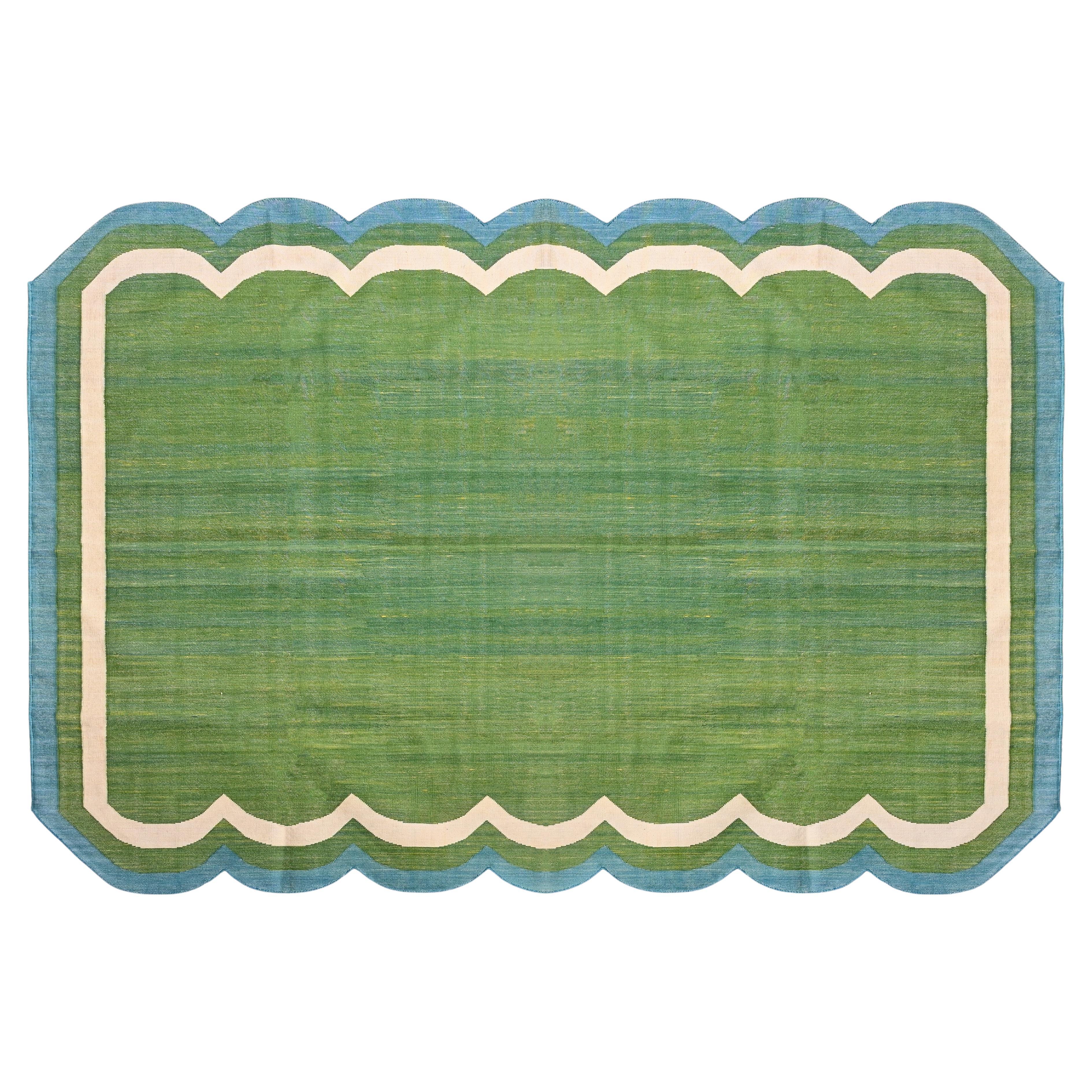 Handmade Cotton Area Flat Weave Rug, 6x9 Green And Blue Scalloped Kilim Dhurrie For Sale