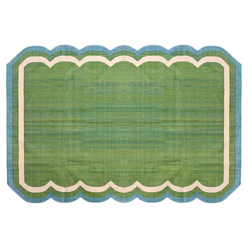 Handmade Cotton Area Flat Weave Rug, 6x9 Green And Blue Scalloped Kilim ...