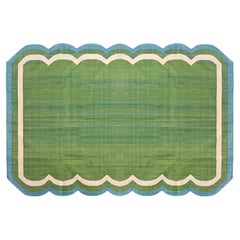 Handgefertigter flacher Baumwollteppich mit Flachgewebe, 6x9 Grüner und blauer Wellenschliff-Kelim Dhurrie