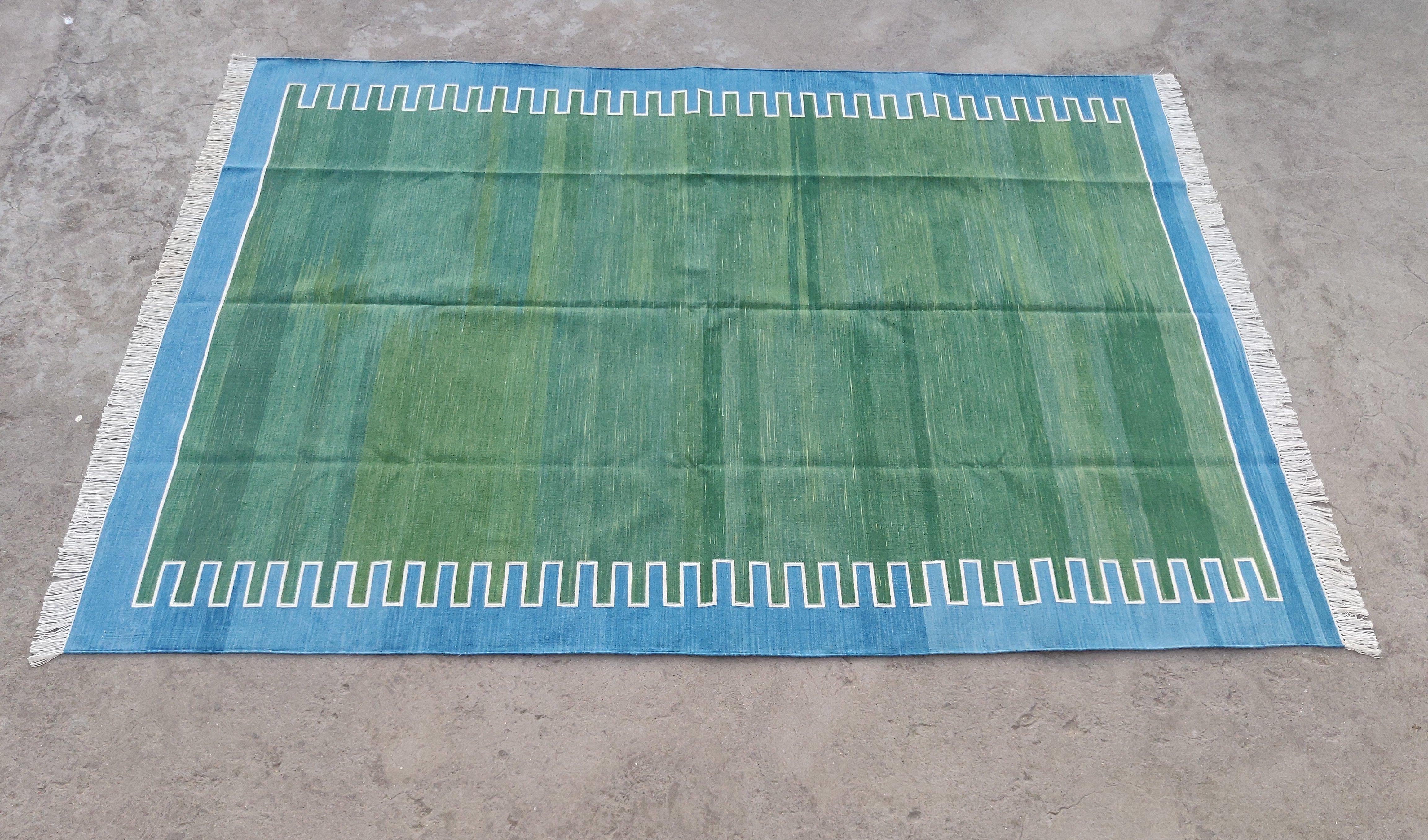 Handmade Cotton Area Flat Weave Rug, 6x9 Green And Blue Striped Indian Dhurrie For Sale 4