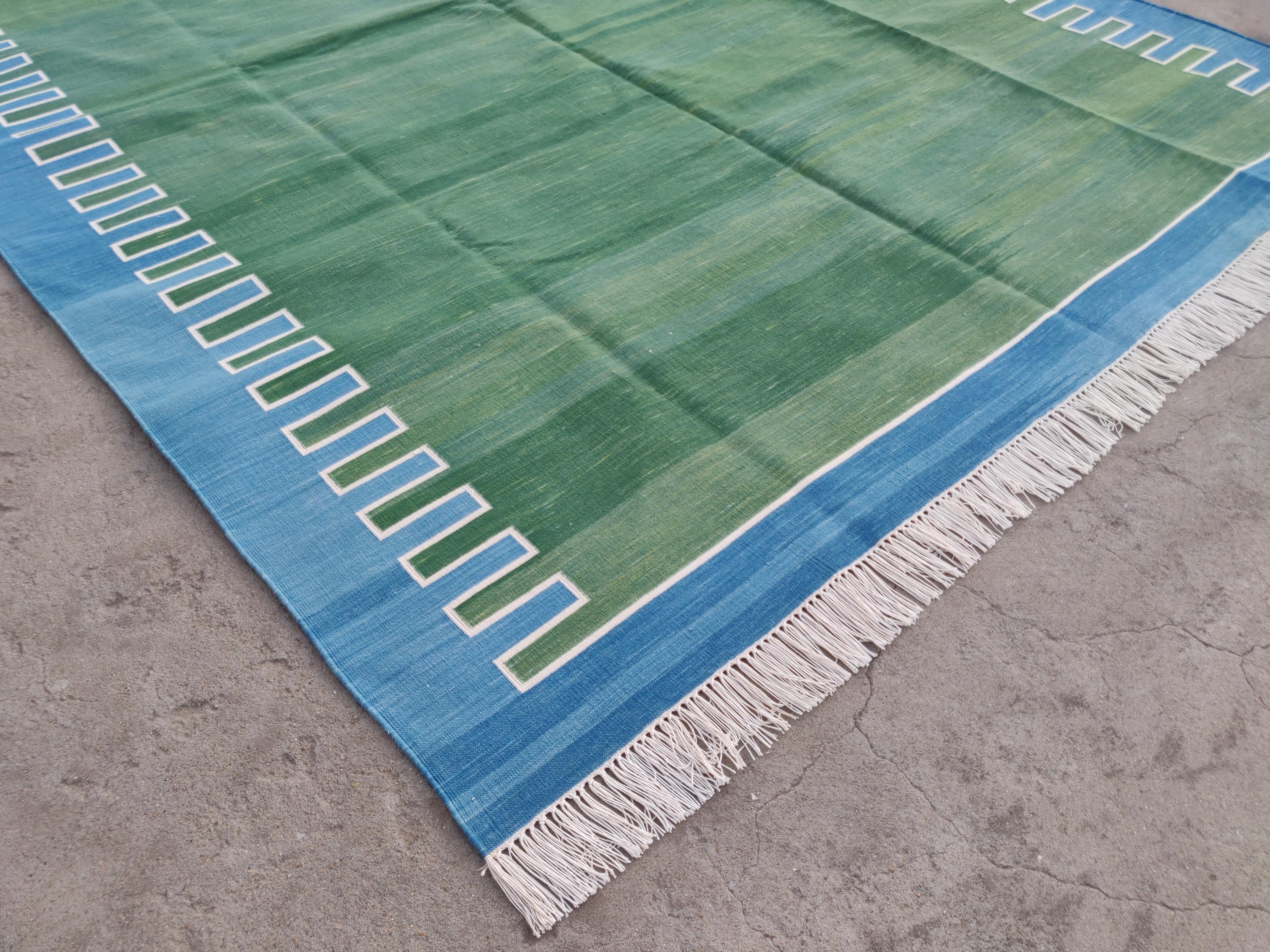 Mid-Century Modern Handmade Cotton Area Flat Weave Rug, 6x9 Green And Blue Striped Indian Dhurrie For Sale