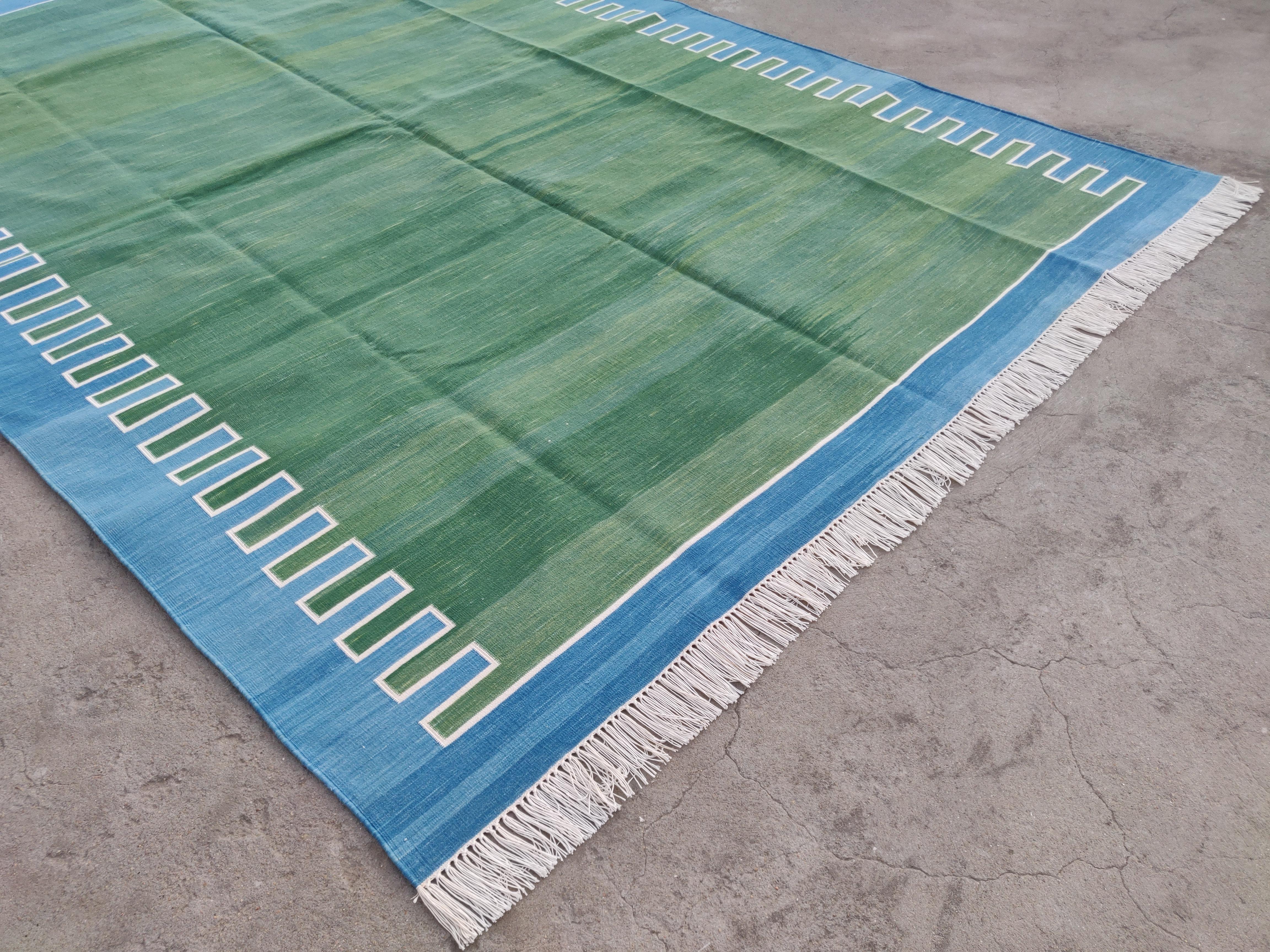 Mid-Century Modern Handmade Cotton Area Flat Weave Rug, 6x9 Green And Blue Striped Indian Dhurrie For Sale