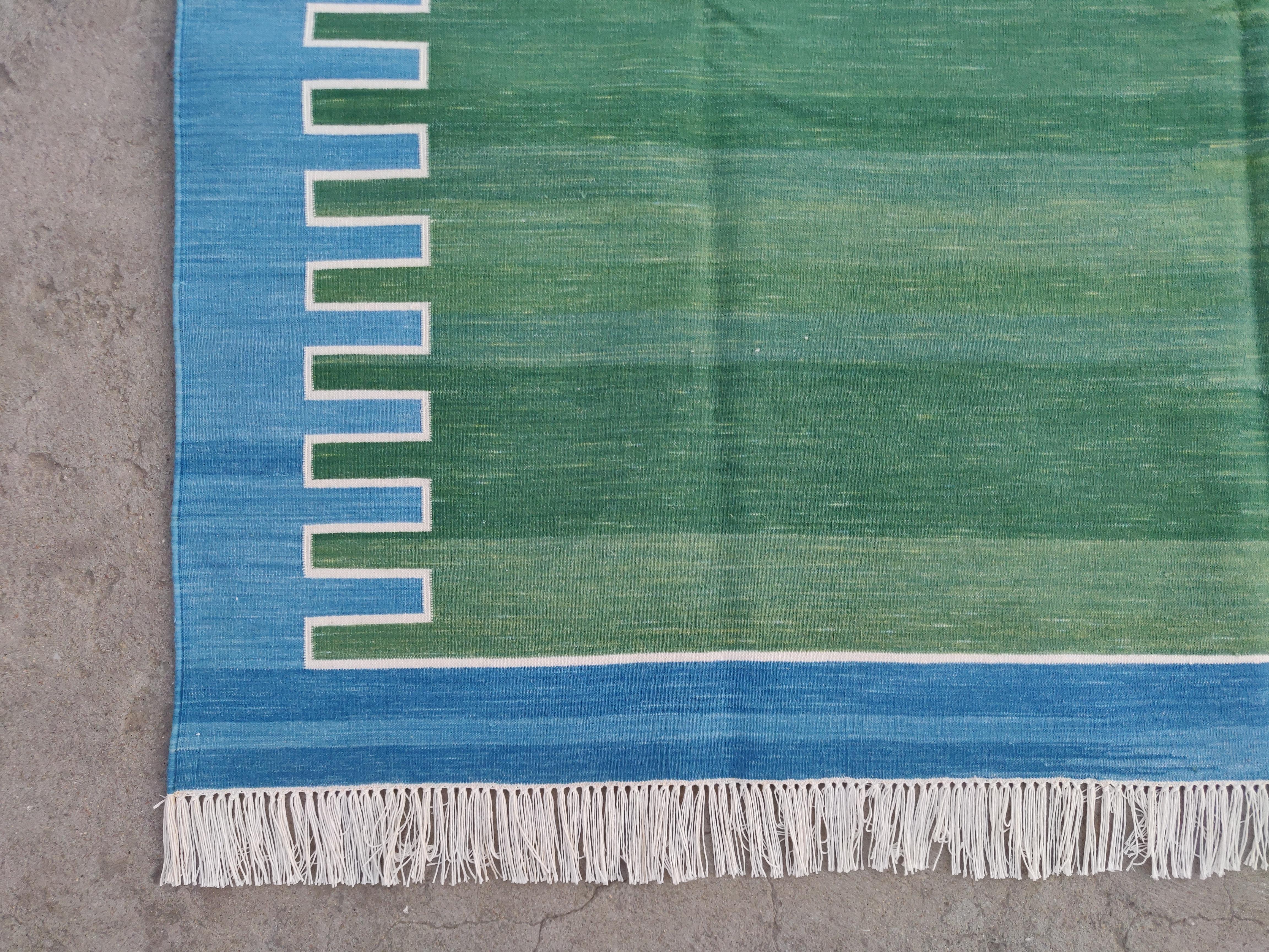 Handmade Cotton Area Flat Weave Rug, 6x9 Green And Blue Striped Indian Dhurrie For Sale 1
