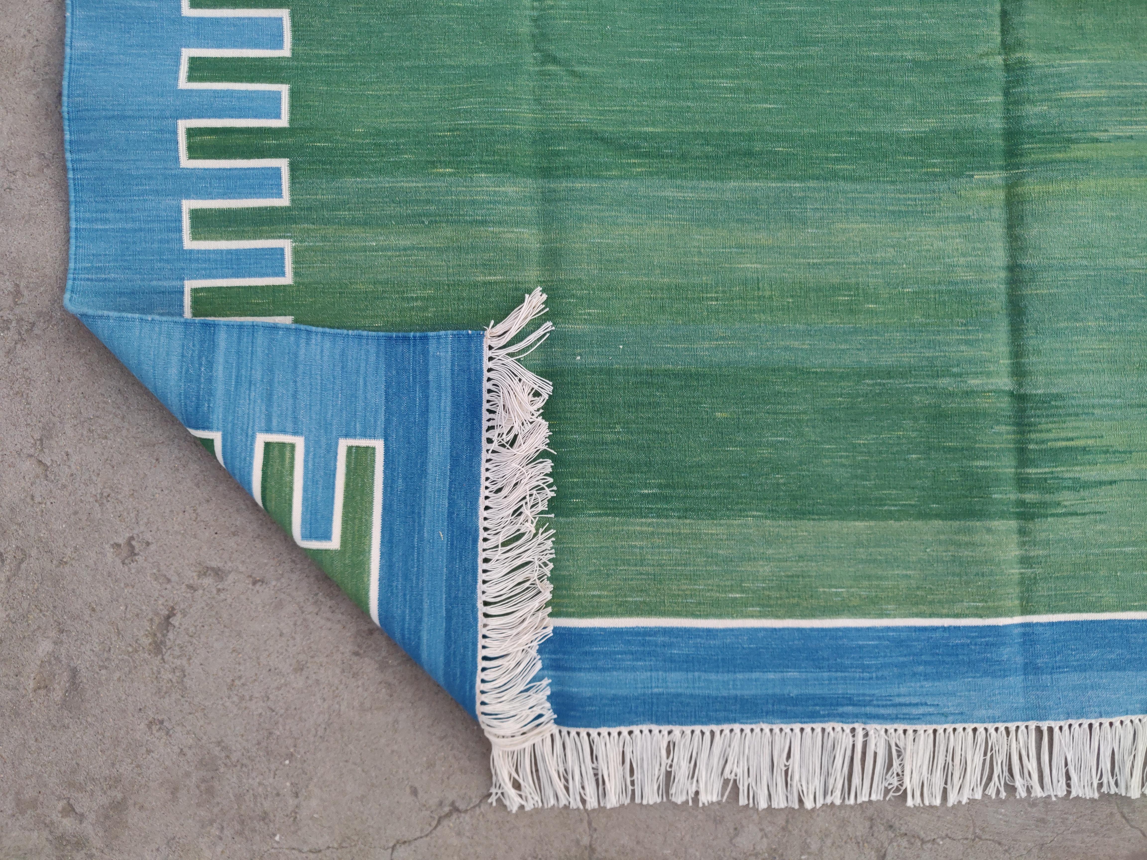 Handmade Cotton Area Flat Weave Rug, 6x9 Green And Blue Striped Indian Dhurrie For Sale 2