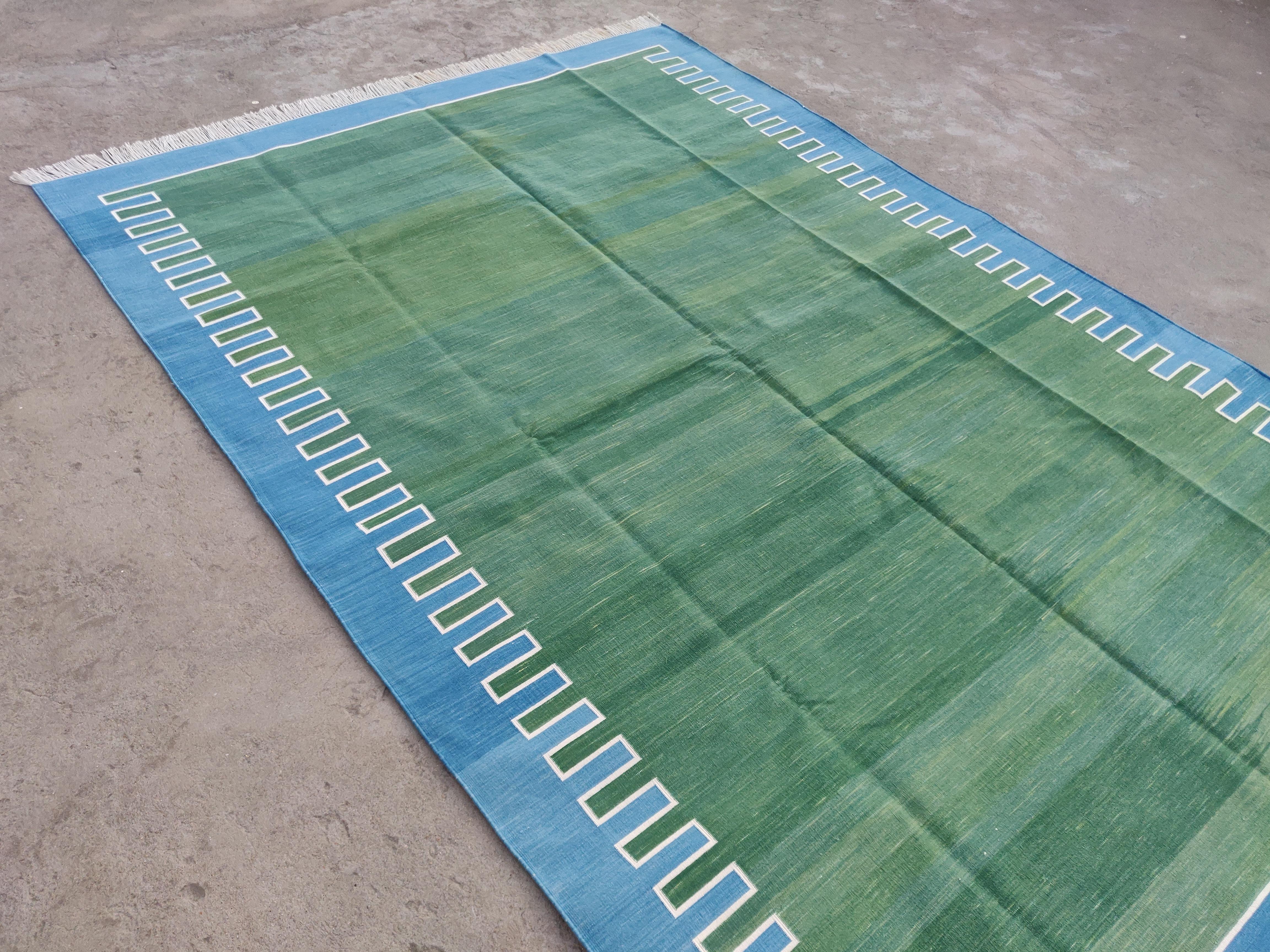 Handmade Cotton Area Flat Weave Rug, 6x9 Green And Blue Striped Indian Dhurrie For Sale 3