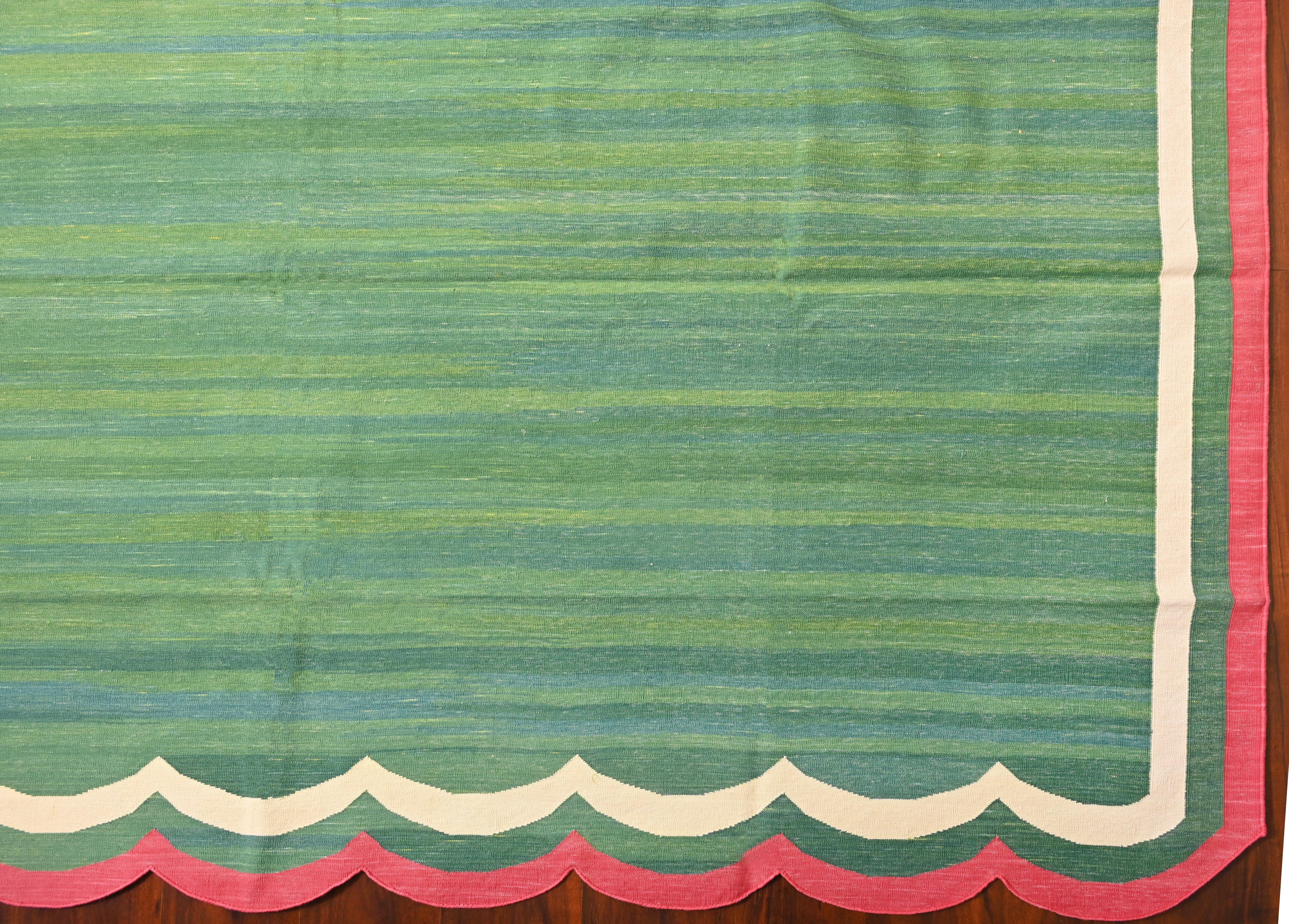 Indian Handmade Cotton Area Flat Weave Rug, 6x9 Green And Pink Scalloped Kilim Dhurrie For Sale