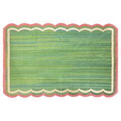 Tapis Kilim Dhurrie à tissage plat fait main, 6 x 9, vert et rose festonné