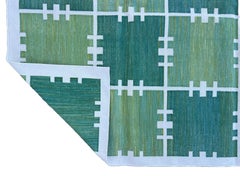 Handmade Cotton Area Flat Weave Rug, 6x9 Green And White Checked Indian Dhurrie