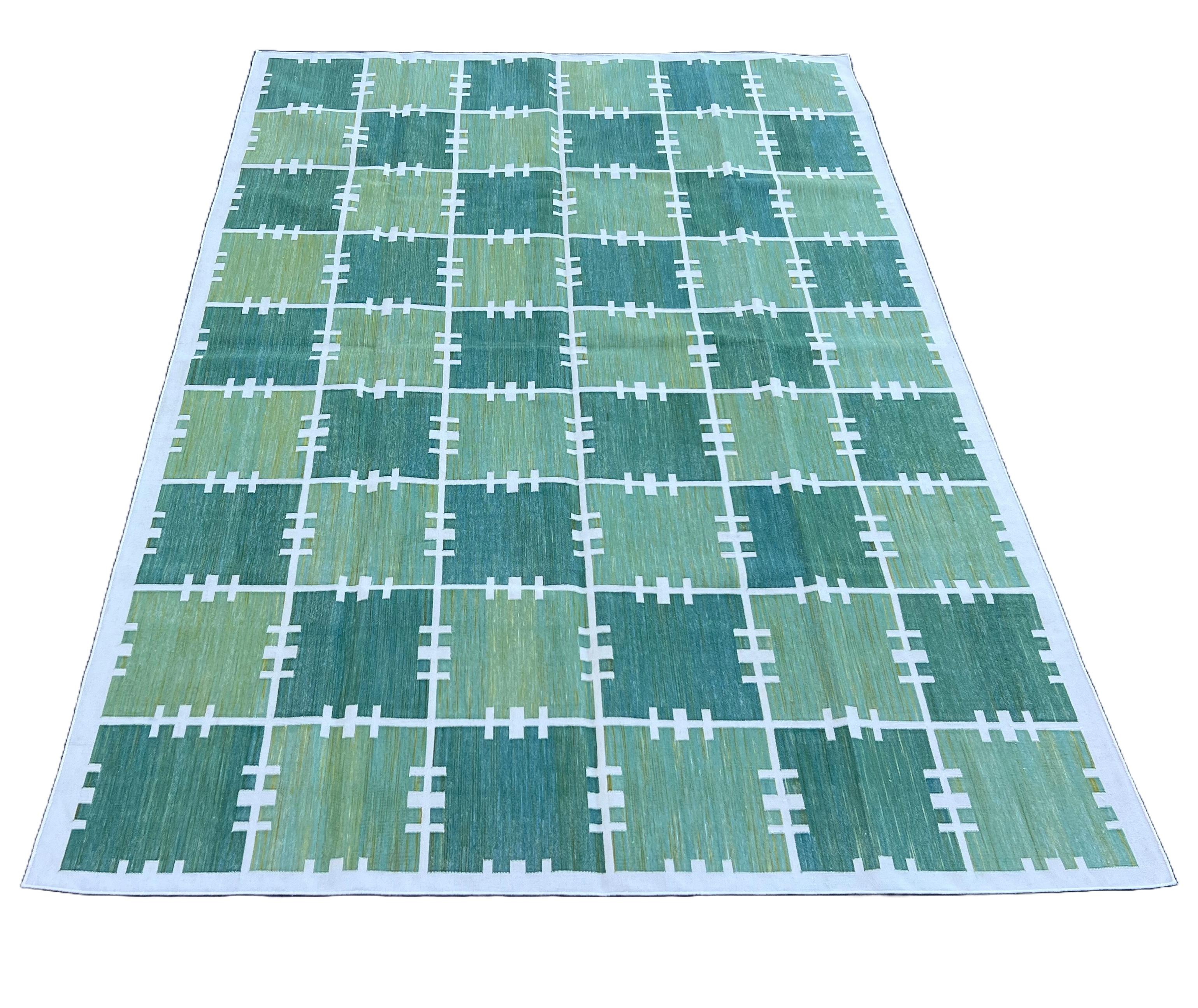 Tessuto a mano Tappeto a tessitura piatta in cotone fatto a mano, 6x9 Greene & Greene a quadri indiani in vendita