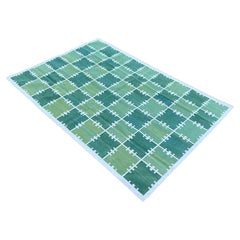 Handmade Cotton Area Flat Weave Rug, 6x9 Green And White Checked Indian Dhurrie