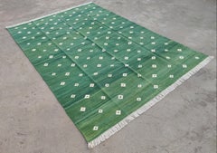 Handmade Cotton Area Flat Weave Rug, 6x9 Green And White Diamond Indian Dhurrie