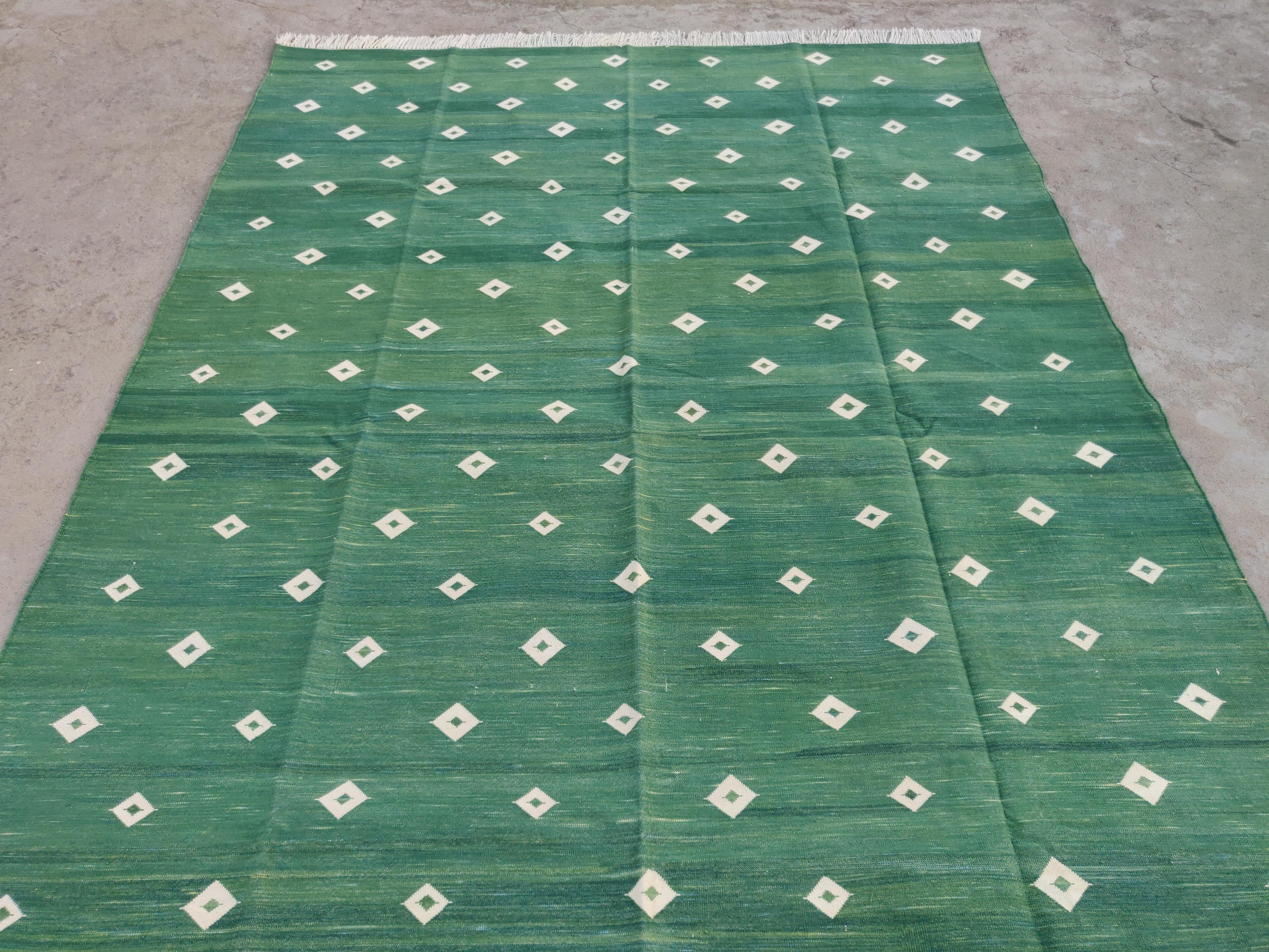 Contemporary Handmade Cotton Area Flat Weave Rug, 6x9 Green And White Diamond Indian Dhurrie For Sale
