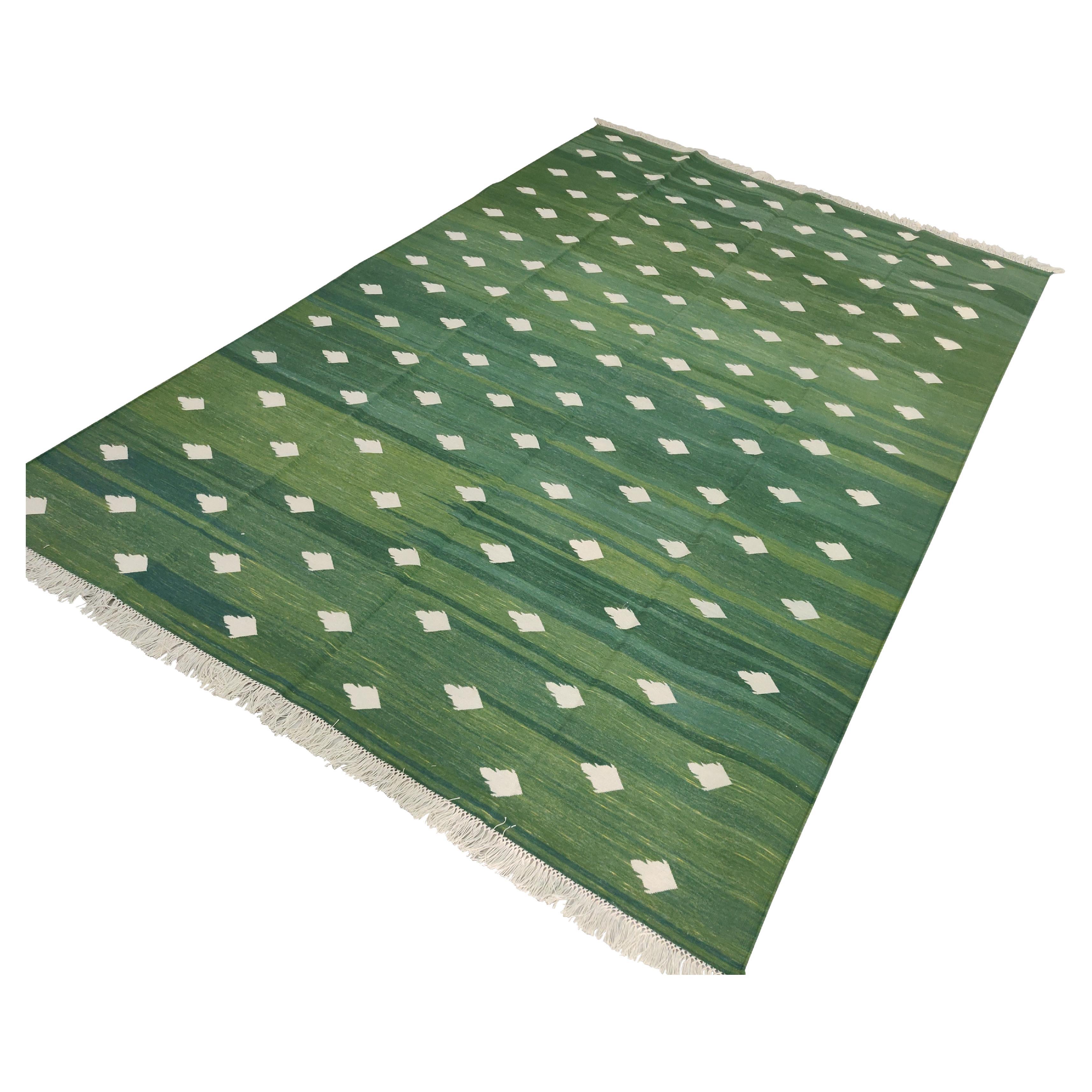 Handmade Cotton Area Flat Weave Rug, 6x9 Green And White Leaf Indian Dhurrie Rug For Sale