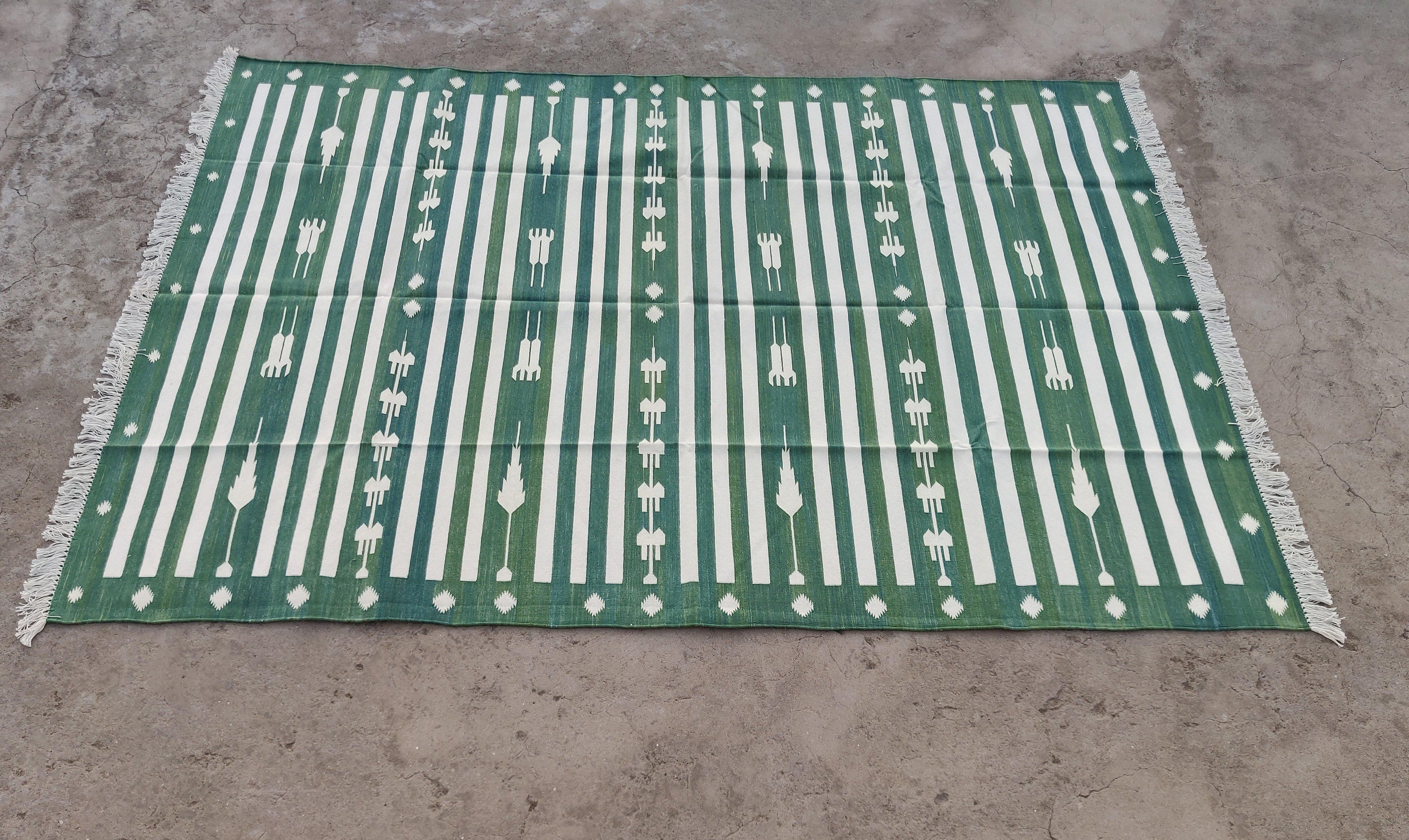 Handmade Cotton Area Flat Weave Rug, 6x9 Green And White Striped Indian Dhurrie For Sale 4