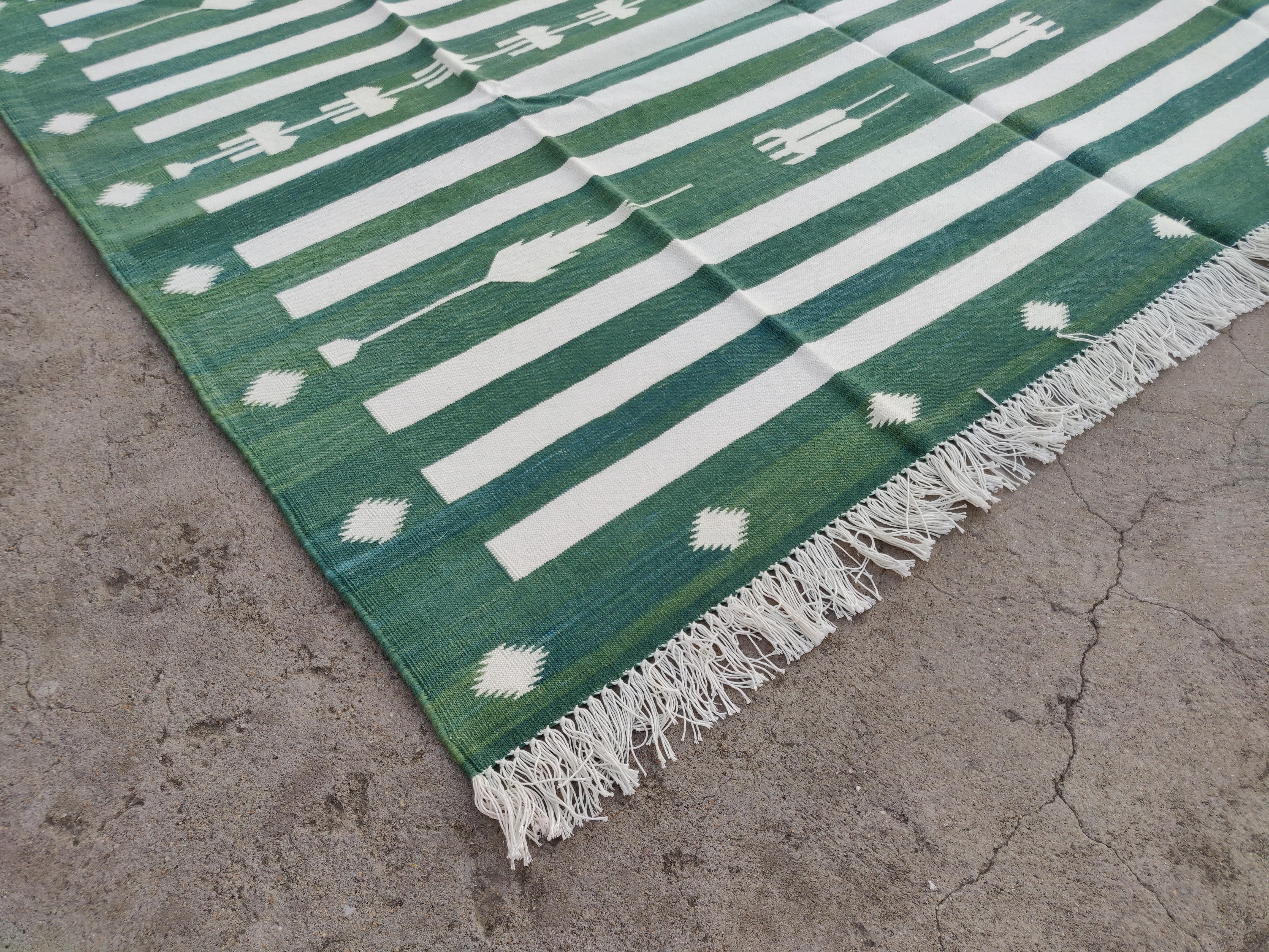 Mid-Century Modern Handmade Cotton Area Flat Weave Rug, 6x9 Green And White Striped Indian Dhurrie For Sale