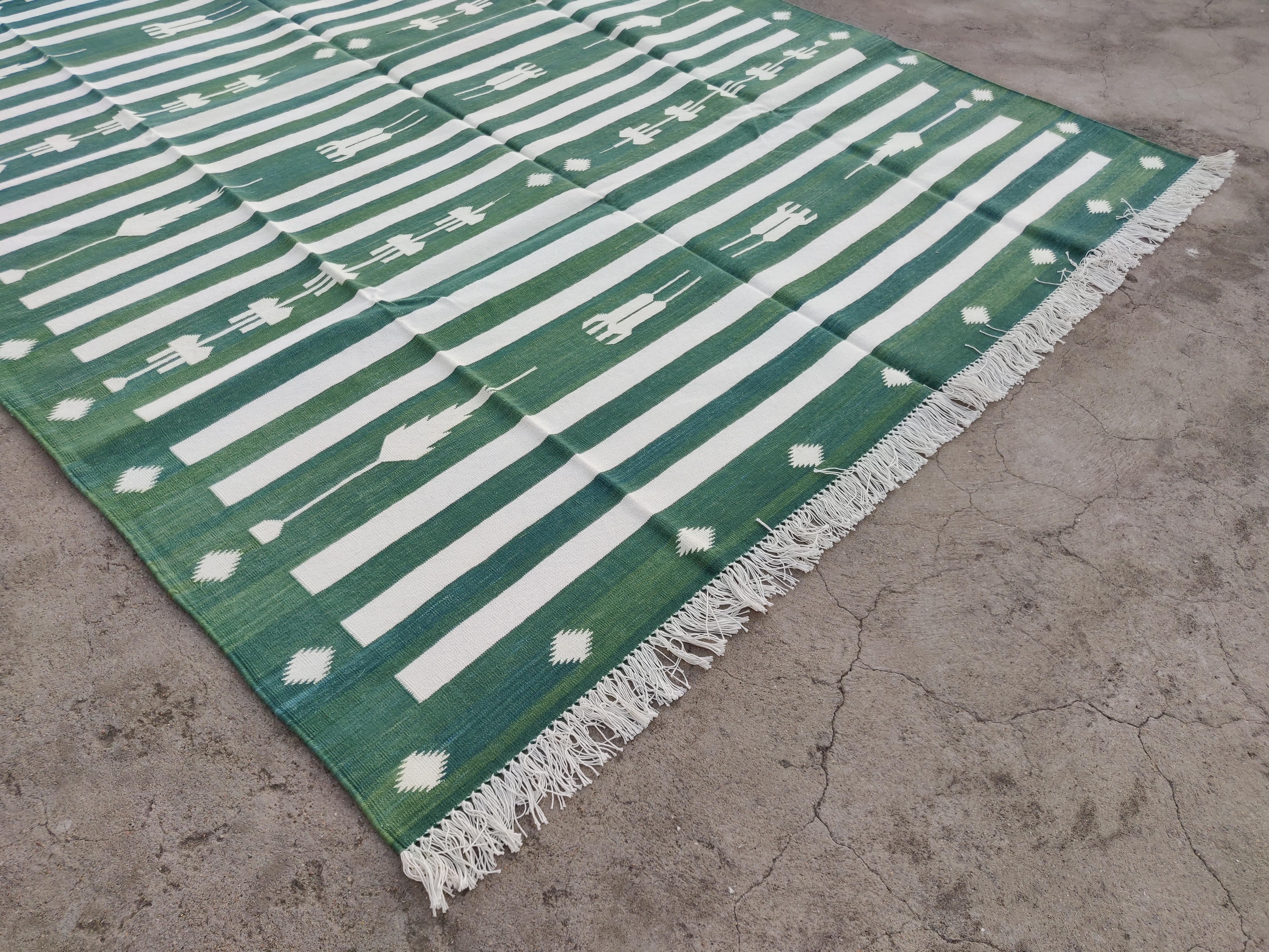 Hand-Woven Handmade Cotton Area Flat Weave Rug, 6x9 Green And White Striped Indian Dhurrie For Sale