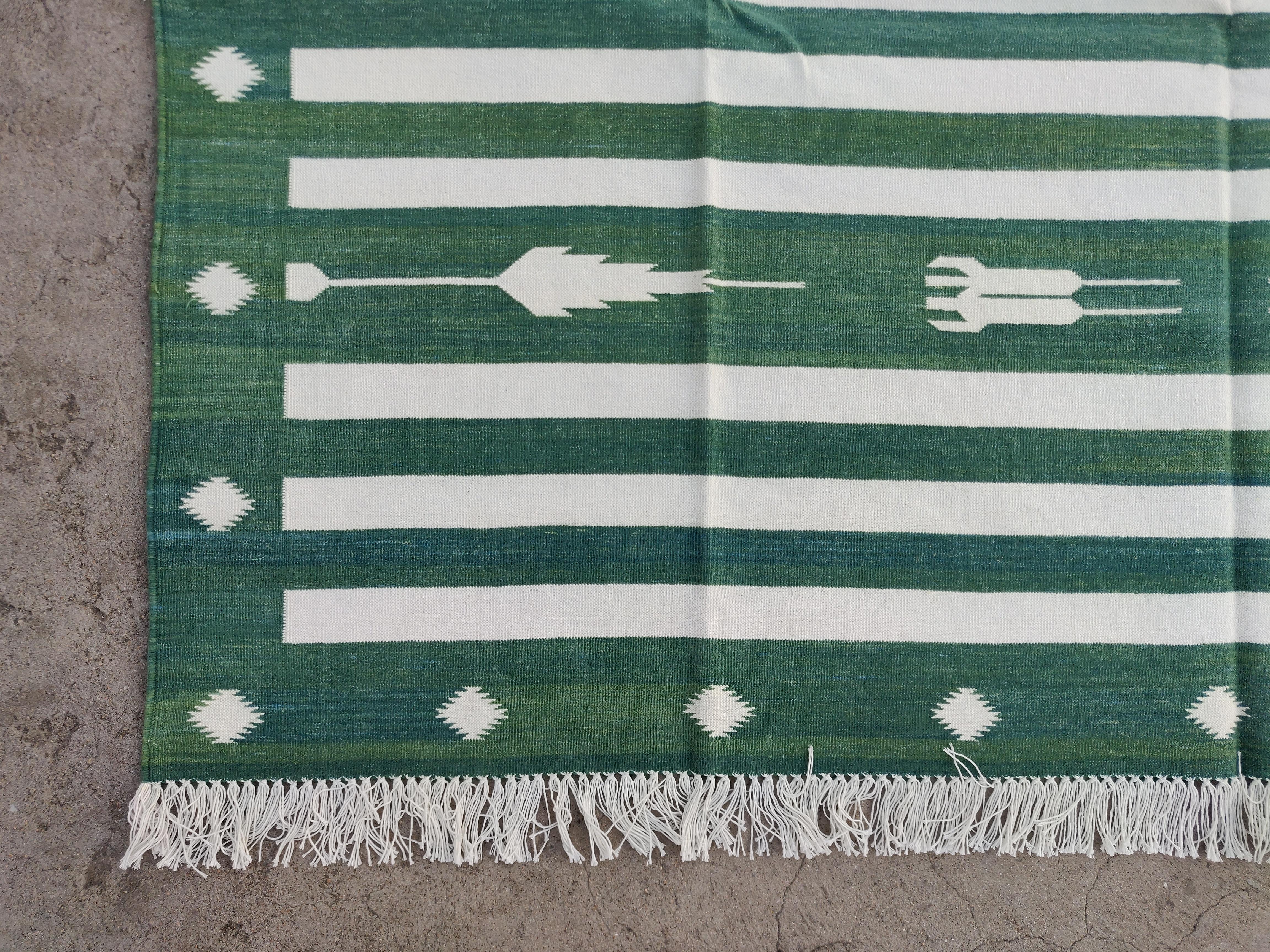 Handmade Cotton Area Flat Weave Rug, 6x9 Green And White Striped Indian Dhurrie For Sale 1