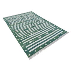 Handmade Cotton Area Flat Weave Rug, 6x9 Green And White Striped Indian Dhurrie