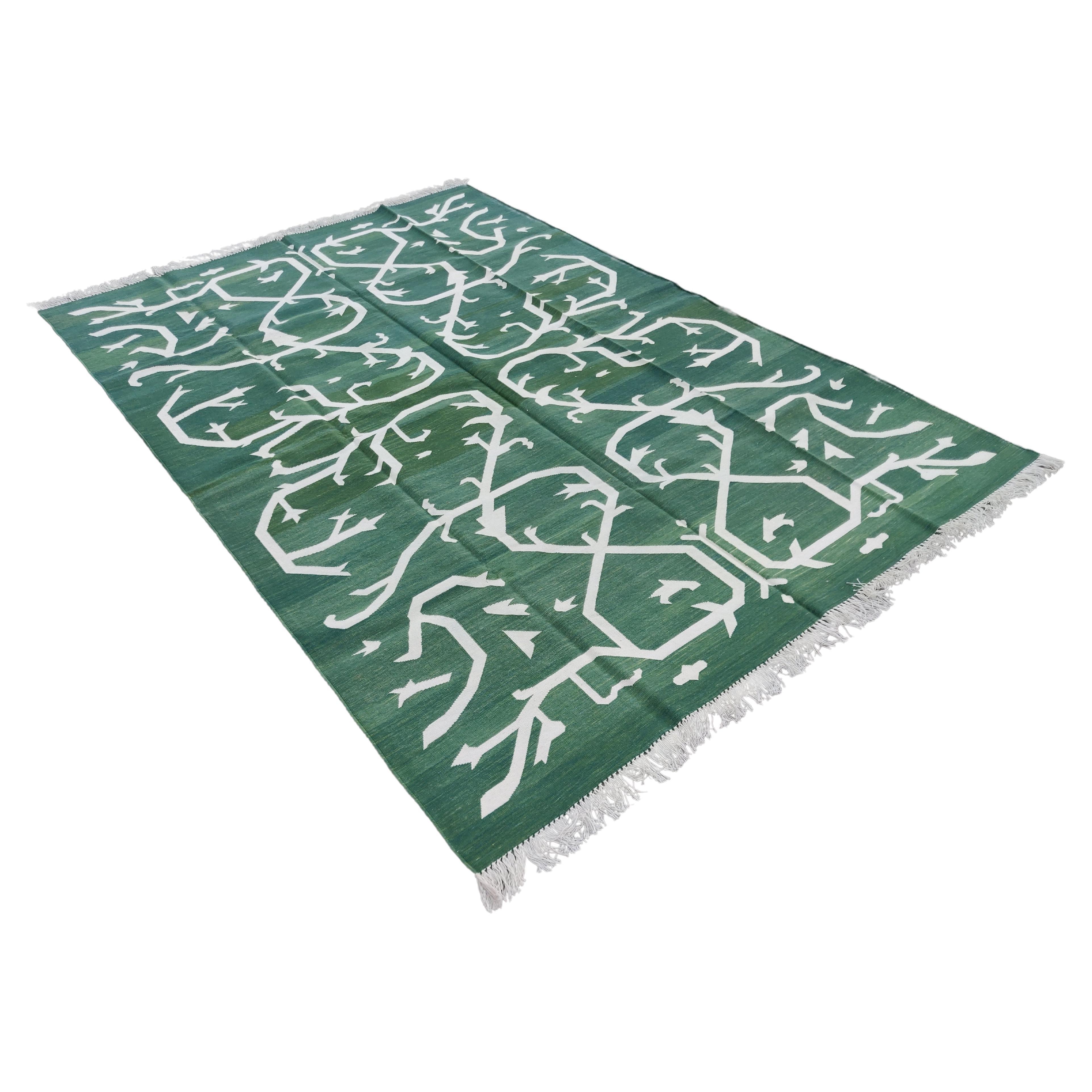 Handmade Cotton Area Flat Weave Rug, 6x9 Green And White Tree Indian Dhurrie Rug For Sale