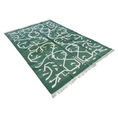 Handgefertigter Flachgewebter Baumwollteppich, 6x9 Grüner und weißer indischer Dhurrie-Teppich mit Baummuster
