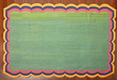 Handmade Cotton Area Flat Weave Rug, 6x9 Green And Yellow Scallop Kilim Dhurrie