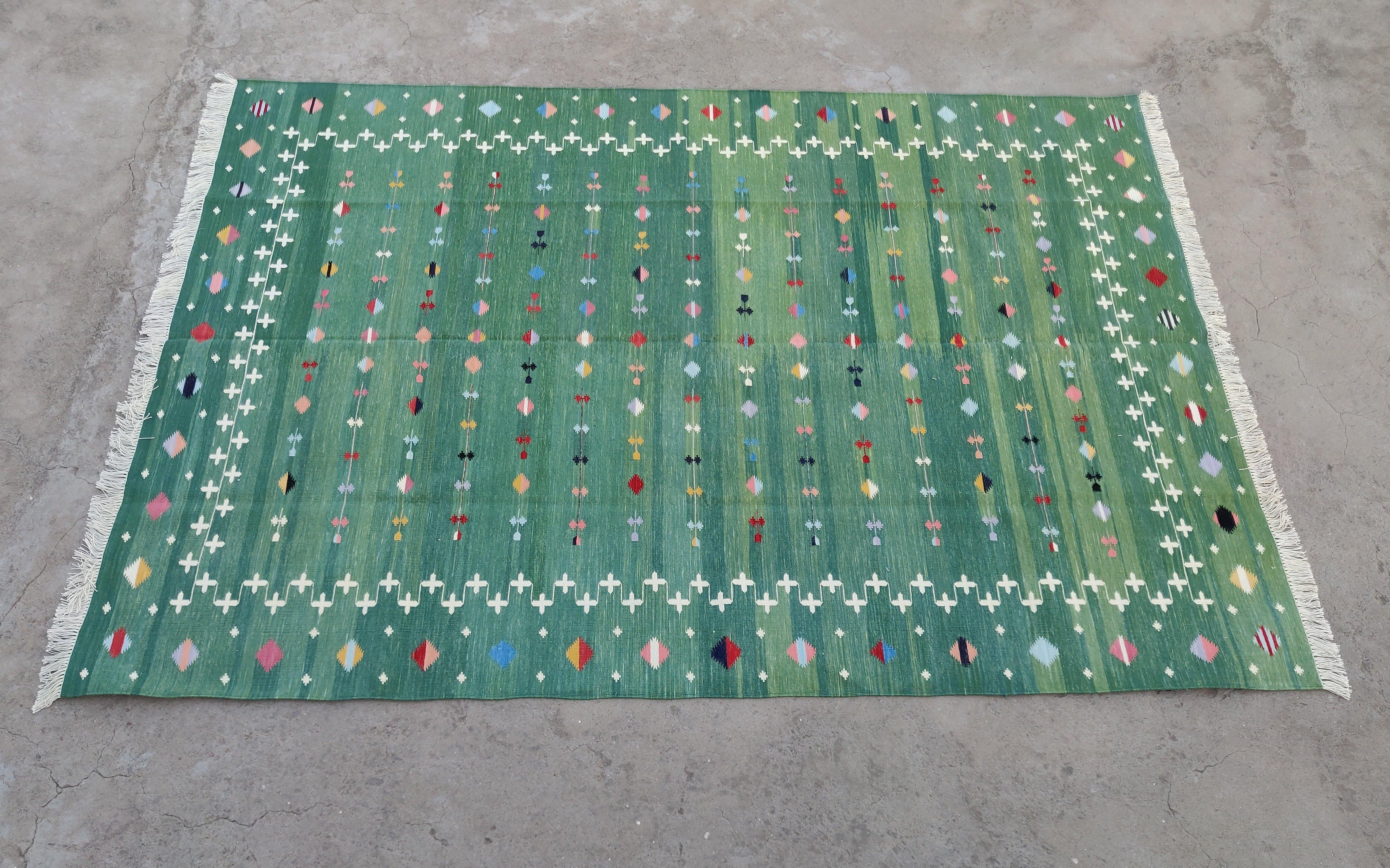 Handmade Cotton Area Flat Weave Rug, 6x9 Green Shooting Star Indian Dhurrie Rug 4