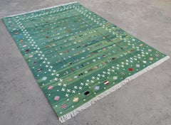 Handmade Cotton Area Flat Weave Rug, 6x9 Green Shooting Star Indian Dhurrie Rug