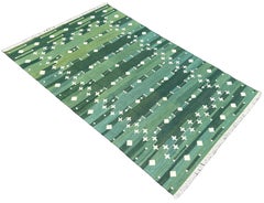 Handmade Cotton Area Flat Weave Rug, 6x9 Green Shooting Star Indian Dhurrie Rug