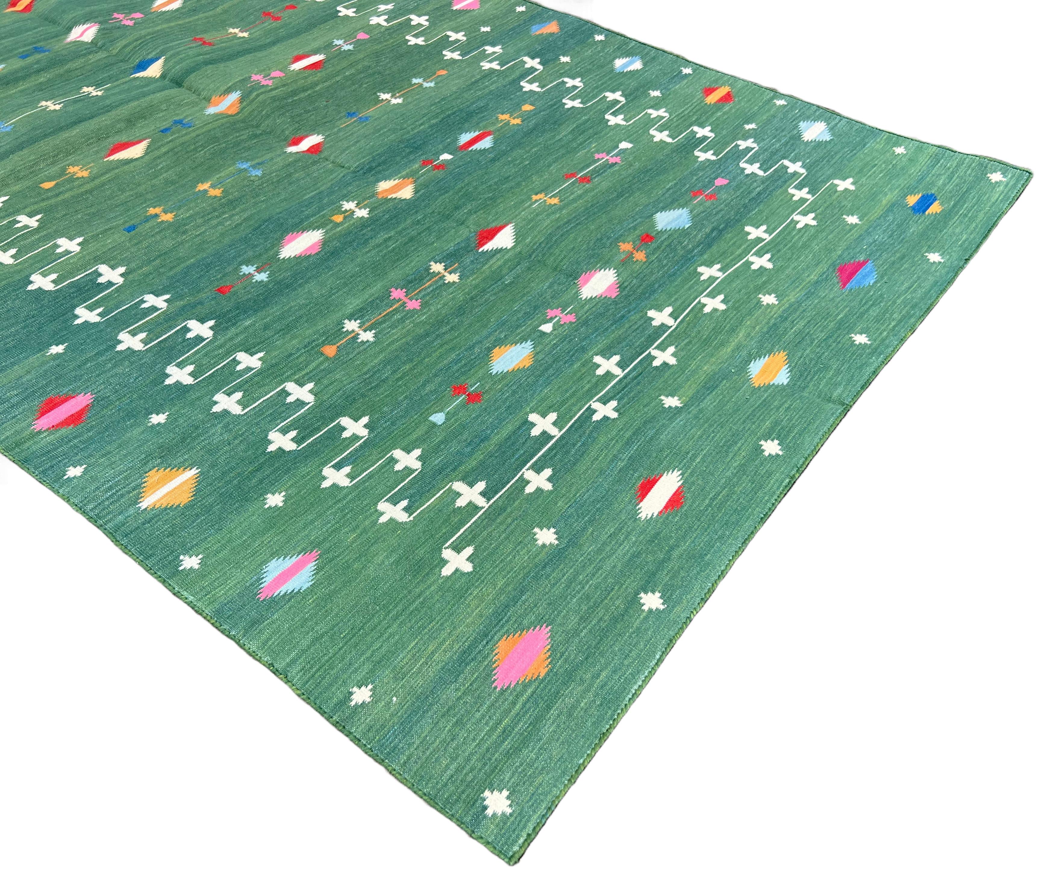 Alfombra de algodón hecha a mano de tejido plano, 6x9 Verde Estrella fugaz Alfombra india Dhurrie Indio en venta