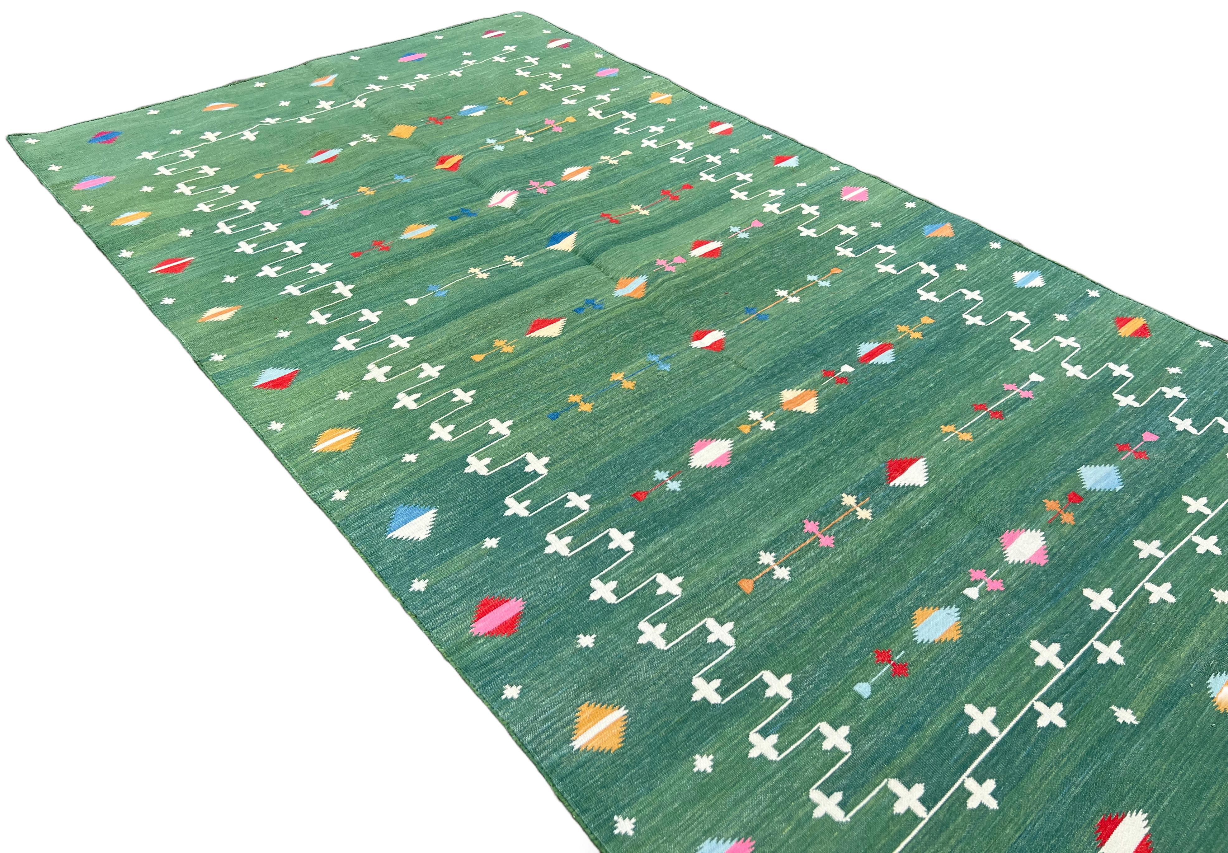 Alfombra de algodón hecha a mano de tejido plano, 6x9 Verde Estrella fugaz Alfombra india Dhurrie Tejido a mano en venta
