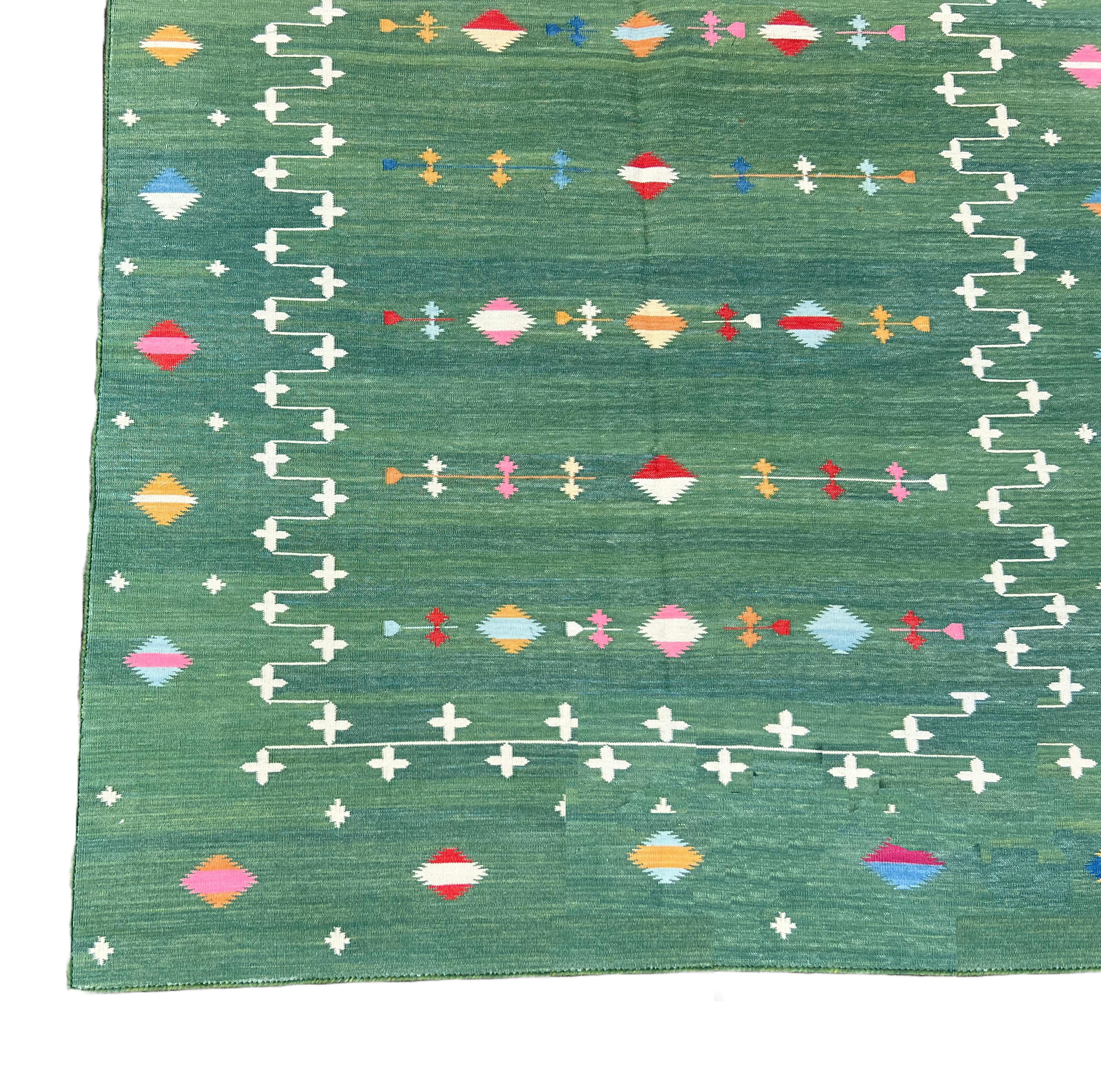 Alfombra de algodón hecha a mano de tejido plano, 6x9 Verde Estrella fugaz Alfombra india Dhurrie Algodón en venta