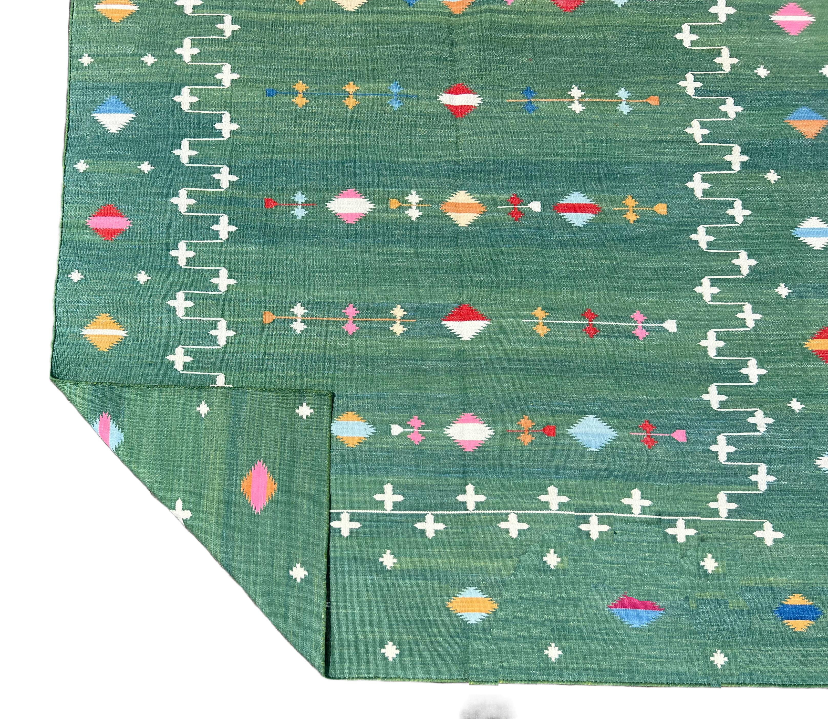 Alfombra de algodón hecha a mano de tejido plano, 6x9 Verde Estrella fugaz Alfombra india Dhurrie en venta 1