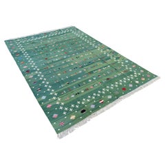 Handmade Cotton Area Flat Weave Rug, 6x9 Green Shooting Star Indian Dhurrie Rug