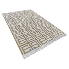 Handmade Cotton Area Flat Weave Rug, 6x9 Green, White Geometric Indian Dhurrie