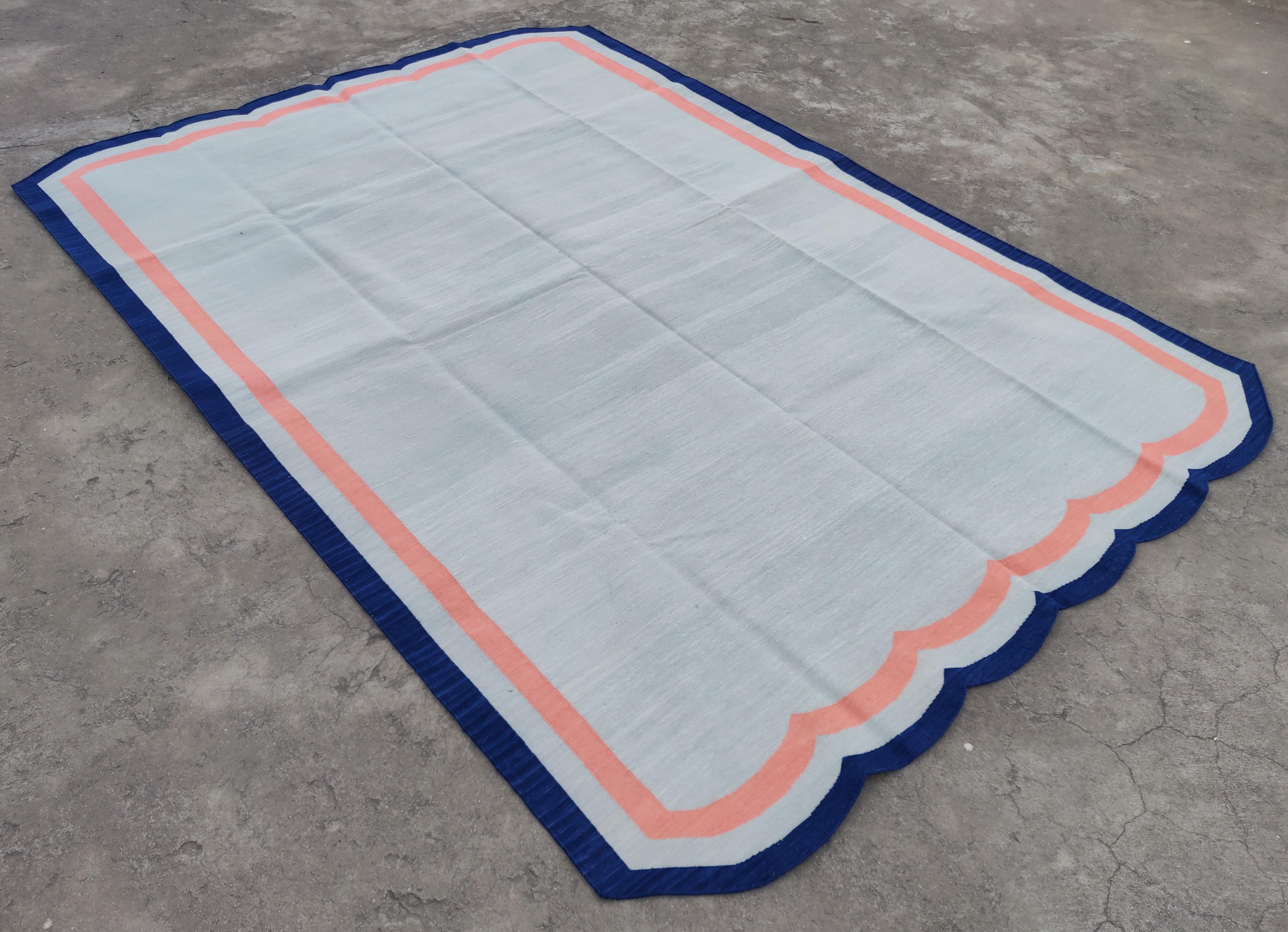 Cotton Vegetable Dyed Grey, Coral And Indigo Blue Scalloped Striped Indian Dhurrie Rug-6'x9' 
These special flat-weave dhurries are hand-woven with 15 ply 100% cotton yarn. Due to the special manufacturing techniques used to create our rugs, the
