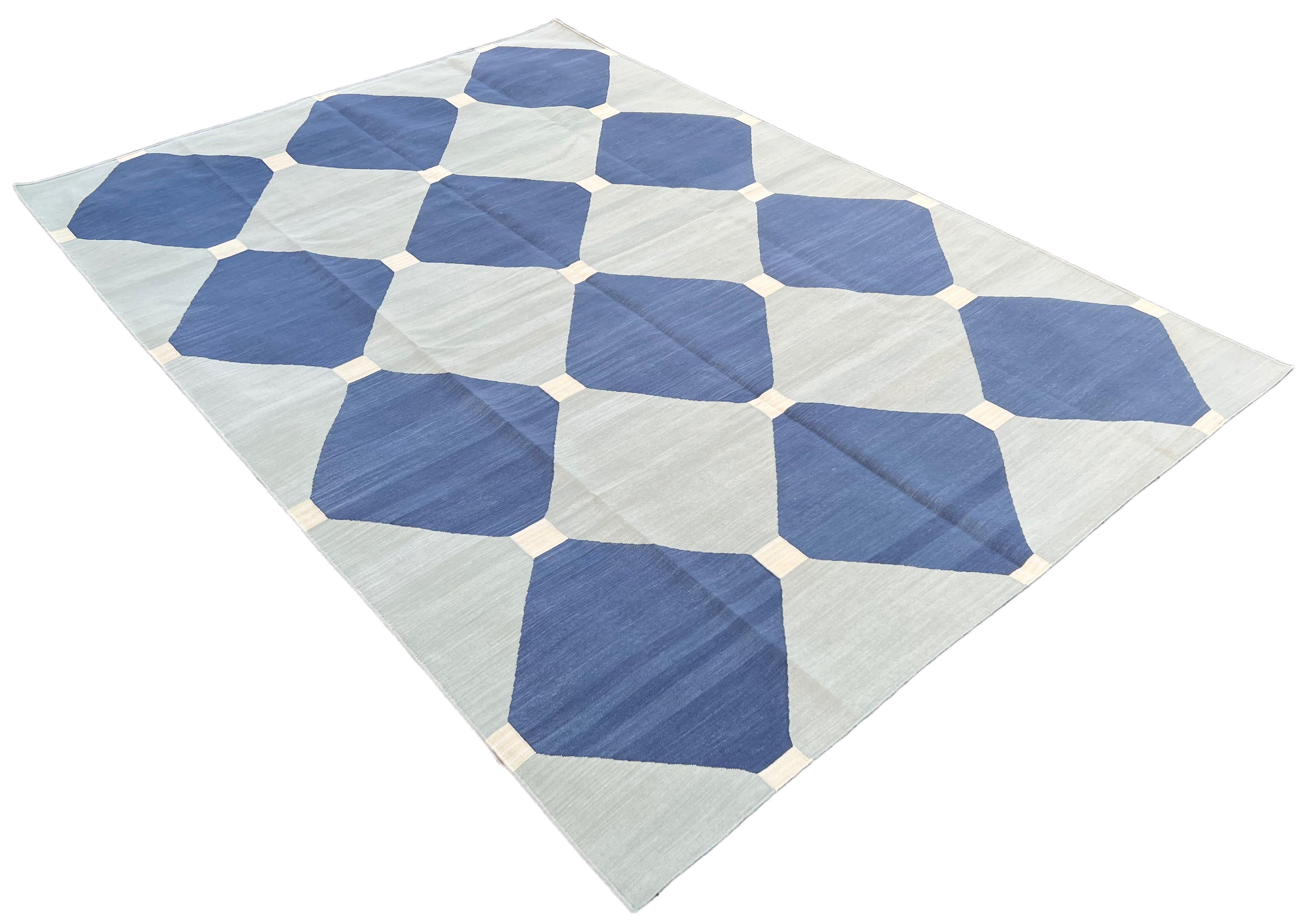 Cotton Vegetable Dyed Reversible Grey And Blue Indian Tile Checked Rug - 6'x9'
These special flat-weave dhurries are hand-woven with 15 ply 100% cotton yarn. Due to the special manufacturing techniques used to create our rugs, the size and color of